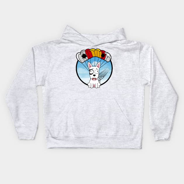 Silly bull terrier dog has a broken parachute Kids Hoodie by Pet Station